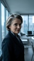 Confident senior Caucasian businesswoman in dark suit standing in modern high-rise office with city skyline view, exuding authority and leadership.