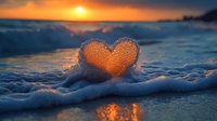 Glowing heart shape formed in snow at sunset, with orange sunlight illuminating through crystalline ice structure creating romantic winter atmosphere and reflections.