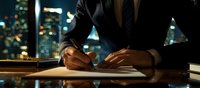 Professional in dark suit signing business documents at wooden desk with city lights and skyscrapers visible through window in evening office setting.