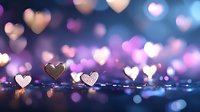 Glowing heart shapes with soft pink and purple bokeh effect on dark blue background create romantic atmosphere for Valentine's Day or wedding designs.