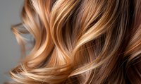 Close-up of shiny wavy hair with caramel blonde highlights and brown lowlights against gray background, showcasing salon styling results.