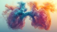 Vibrant blue and orange smoke clouds collide in ethereal dance against light background, creating dynamic abstract art with flowing movement and color contrast.