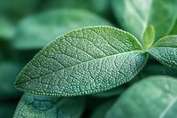 Close-up macro shot of green leaf showing detailed texture and veins pattern in nature. Fresh organic plant foliage with natural bokeh background.