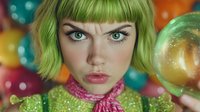 Young woman with bright green bob haircut holding colorful lollipop against vibrant candy background for sweet confectionery advertising and lifestyle concepts.