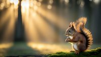 Red squirrel sitting on moss-covered log in golden sunlight rays filtering through forest trees during warm evening hours in natural woodland habitat.