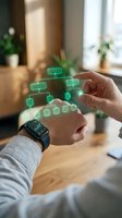 Hands interacting with holographic digital interface elements and smartwatch in modern home office environment for technology and innovation concepts.
