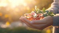 Gentle feminine hands holding pink and orange crystals with green leaves against golden sunset bokeh background, creating spiritual healing atmosphere.