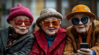 Three stylish senior women in colorful winter coats and trendy sunglasses smiling while looking at mobile phone outdoors, representing active aging and friendship.