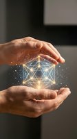 Hands protecting glowing geometric network structure with connected nodes and light particles representing data security and digital protection concepts.