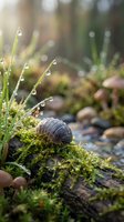 Pill bug crawling on moss-covered log with morning dew drops on grass blades in soft sunlight creating peaceful garden ecosystem scene for nature content.