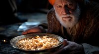 Elderly man with white beard gazing at glowing magical rice in ancient bowl, dramatic lighting creates mystical atmosphere in dark fantasy setting.