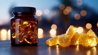 Amber glass bottle with golden vitamin supplements and scattered gummy vitamins on reflective surface against blurred bokeh lights background. Wellness concept.