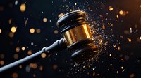 Dramatic wooden judge gavel with golden metallic sparkles and bokeh effects on dark background, symbolizing justice and legal decisions in courtroom.
