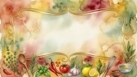 Vintage watercolor frame with fresh vegetables and fruits, ornate gold flourishes, and soft pastel florals, suitable for recipe cards, kitchen decor, and culinary designs.