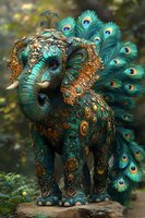 Ornate elephant sculpture adorned with turquoise peacock feathers and golden decorative patterns for luxury home decor and artistic design projects.