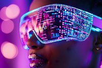 Young African American woman wearing futuristic digital glasses with glowing circuit pattern reflection. Neon purple lighting creates cyberpunk atmosphere.