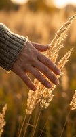 Farmer hand gently touching golden wheat ears in warm sunlight during harvest season, agriculture and farming concept for organic food production.