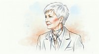 Senior woman with short white hair wearing business suit and tie, professional portrait in watercolor style for corporate and editorial use.