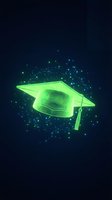 Glowing neon graduation cap with luminous particles dispersing on dark background, symbolizing education, learning, and academic achievement for online courses.