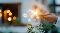 Hand touching glowing digital icons floating in air above green plant leaves, with soft bokeh lights in background creating magical technology atmosphere.