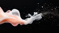 Flowing peach and white smoke waves with glowing particles dispersing into darkness against black background, abstract dynamic motion design element.