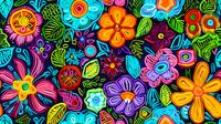 Vibrant floral pattern with colorful doodle flowers and leaves in folk art style on dark background. Seamless repeat design for fabric, wallpaper and surface patterns.