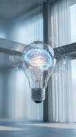 Glowing light bulb with digital brain and technology icons suspended in modern office space, representing innovation, artificial intelligence, and creative business solutions.