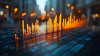 Glowing orange financial chart bars rise against dark background with bokeh lights, displaying market data analysis and trading statistics visualization.