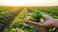 Fresh organic cucumbers in farmer hands at sunset over green agricultural field rows. Harvest season concept for healthy eating and sustainable farming.