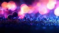 Glowing heart silhouette against sparkling bokeh background in pink and blue colors. Romantic dreamy atmosphere with blurred lights and glitter creates magical mood.