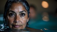 Middle-aged Hispanic woman with wet hair partially submerged in blue pool water at night, face illuminated by soft ambient lighting showing peaceful expression.