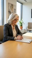 Senior businesswoman with gray hair and glasses writing documents at office desk in modern corporate environment.