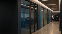 Modern office corridor with glass partitions and contemporary lighting design for corporate interior architecture and workplace environments.