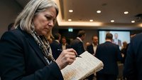 Senior businesswoman writing notes during corporate conference meeting with colleagues in background.