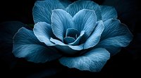 Ethereal blue rose macro photography with delicate petal texture and dark background creates dramatic floral art composition for wall decor and greeting cards.