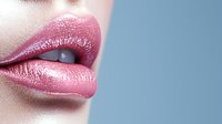 Close up of glossy pink lips with metallic shimmer makeup against blue background, showing professional beauty and cosmetic artistry for advertising and editorial use.