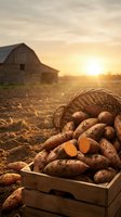 Fresh sweet potatoes spilling from wicker basket in wooden crate at sunset with rustic barn background, showcasing organic farm harvest and agricultural abundance.