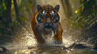 Majestic Bengal tiger splashing through shallow water in jungle environment, sunlight filtering through trees creates dramatic atmosphere and water droplets.