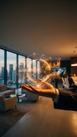 Businessman hand holding holographic financial data visualization with glowing charts and graphs in modern office environment for business analytics.