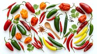 Assorted fresh chili peppers and hot peppers in red, green, and yellow varieties arranged on white background, isolated for cooking and culinary design use.