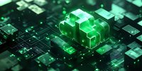 Glowing green dollar symbol on futuristic circuit board background with digital elements and bokeh effects represents financial technology concept.