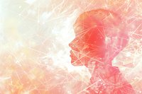 Female profile silhouette on abstract pink and peach background with geometric network pattern overlay, representing technology and artificial intelligence.