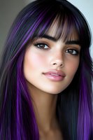 Close up portrait of young Asian woman with purple highlights in dark hair, natural makeup, and freckles looking directly at camera with soft expression.