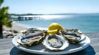 Fresh raw oysters served on white plate with lemon wedge against scenic ocean pier background, capturing luxurious seafood dining experience on sunny coastal day.
