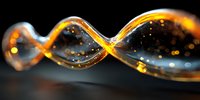 Glowing infinity symbol with golden light particles flowing through transparent glass structure on dark background.