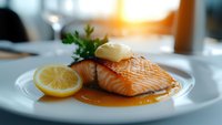 Grilled salmon fillet with melting butter pat, fresh parsley garnish and lemon slice served on white plate with delicate sauce, soft focus restaurant setting.