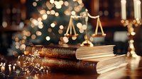 Golden scales of justice on vintage law books with magical bokeh lights and decorative elements creating atmospheric legal composition for law firms.