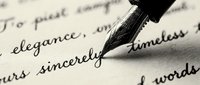 Fountain pen nib writing cursive script on aged paper with handwritten text, suitable for literature, writing, education, and correspondence concepts.