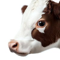 Close-up portrait of brown and white dairy cow head showing gentle eye and soft fur texture against white background, isolated for agricultural design use.