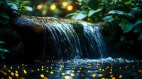 Tranquil waterfall cascading over dark rocks with magical bokeh lights reflecting on rippling water surface, creating ethereal atmosphere in lush garden setting.